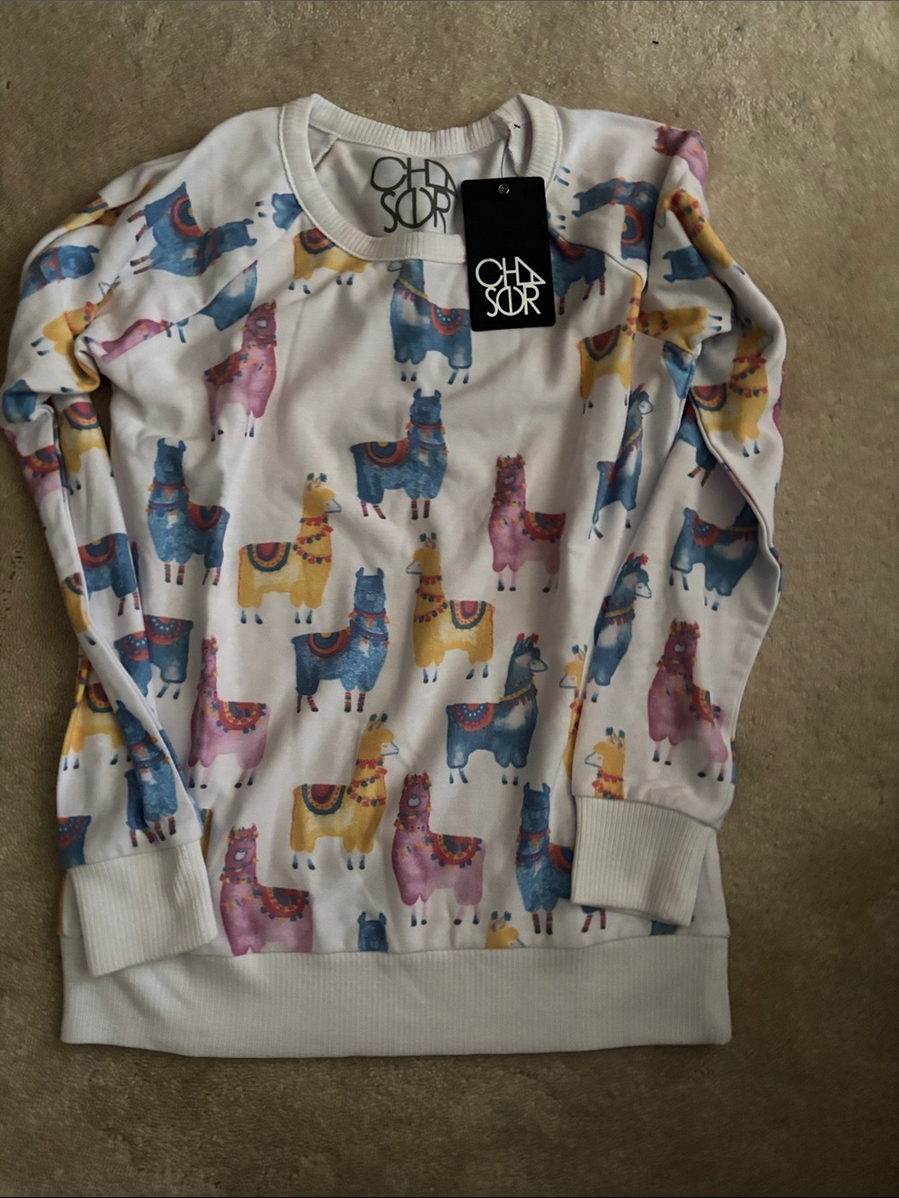 Chaser White Sweatshirt with Blue, Yellow & Pink Llama Print